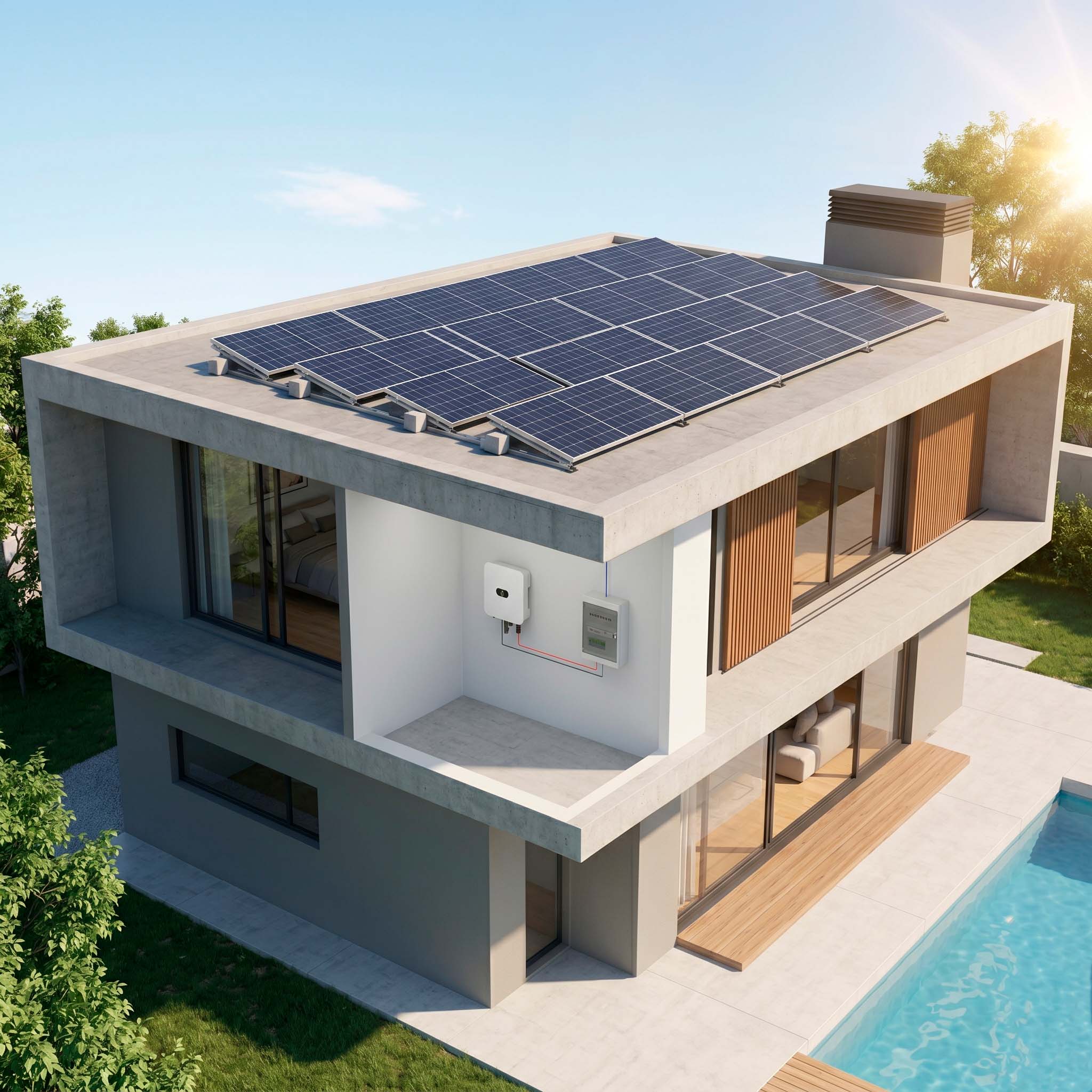 Kit Solar Residencial Trifásico 5kW – Huawei SUN2000 + Jinko 620W 1 Kit solar trifásico Huawei SUN2000 instalado en techo residencial